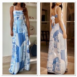 💙Hello Gorgeous! Cutout Back Printed Square Neck Maxi Dress- Light Blue
